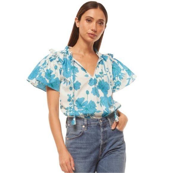 NEW MISA Suparna Top in Turquoise Summer Floral Print Feminine Cottagecore XXS - Picture 2 of 8